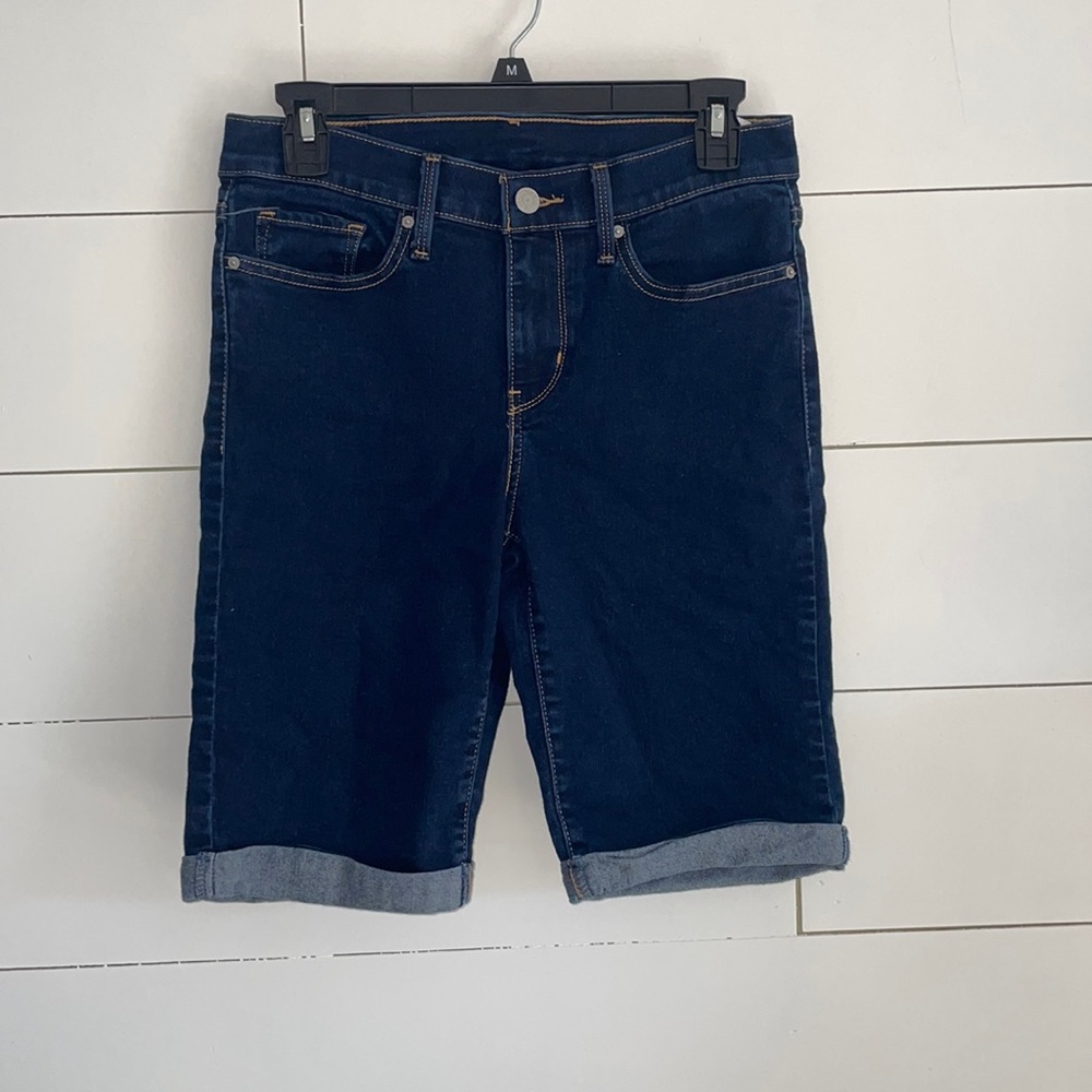 Levi’s Mid-Rise Long Jean Shorts Dark Wash 28 #0151